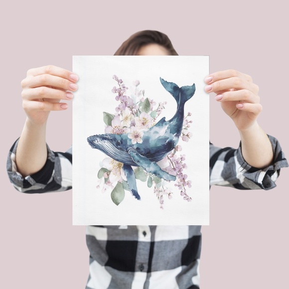 Watercolor Floral Humpback Whale Portrait Wall Art Illustration Print Unframed - Picture 3 of 6